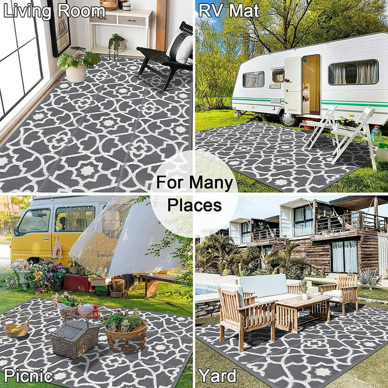 SIXHOME Outdoor Rug Carpet for Patio RV Camping 9'x12' Waterproof  Reversible Portable Outdoor Plastic Straw Rug Indoor Outdoor Rugs Boho  Large Garden Rug Camping Outdoor Mat Porch Decor Grey and White 