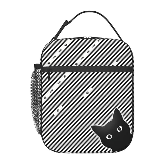 Cat Lunch Box Insulated Lunch Bag Reusable Lunchbox With Side Pocket,Black And White Striped Lunch Box,Waterproof Lunch Tote Bag For Women Men Work Office Picnic