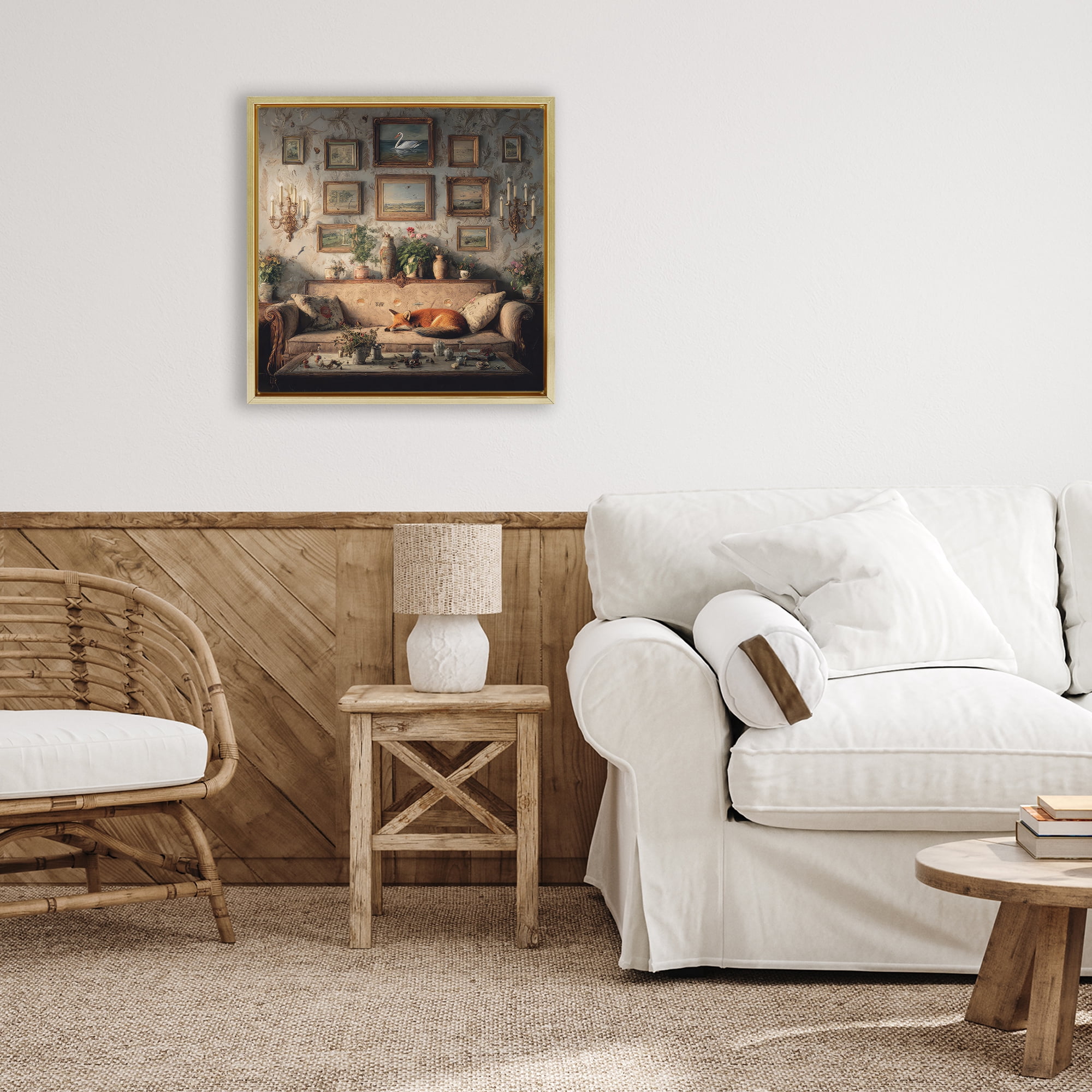 Stupell Industries Vintage Parlor with Fox Gold Framed Floater Canvas Wall Art, design by The Wands Want
