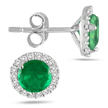 1 Carat Emerald and Diamond Stud Earrings in 14K White Gold