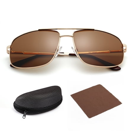 Polarized Sunglasses for Men with Case, Rectangular Gold Metal Frame, Retro Brown 61mm Shatterproof Lens, UV400 Protection, Spring Loaded Hinges