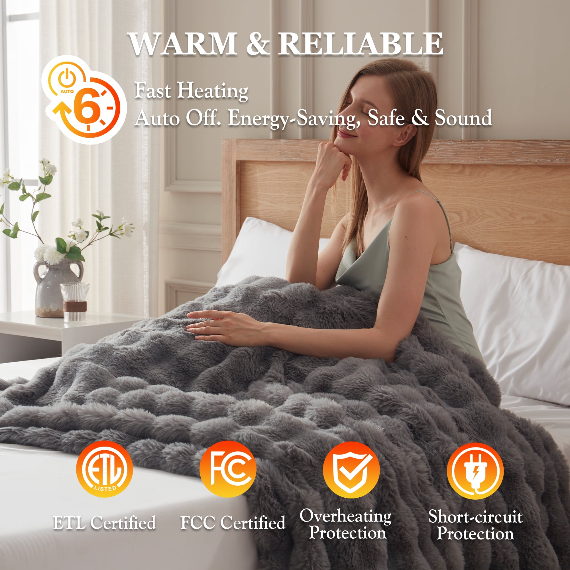 COZY@HOME Heated Blanket,Plush Thick Faux Fur Throw Size 50"x60", London Grey, 5-Min Fast Heating 6 Heating Levels & 4 Hours Auto-Off, Machine Washable