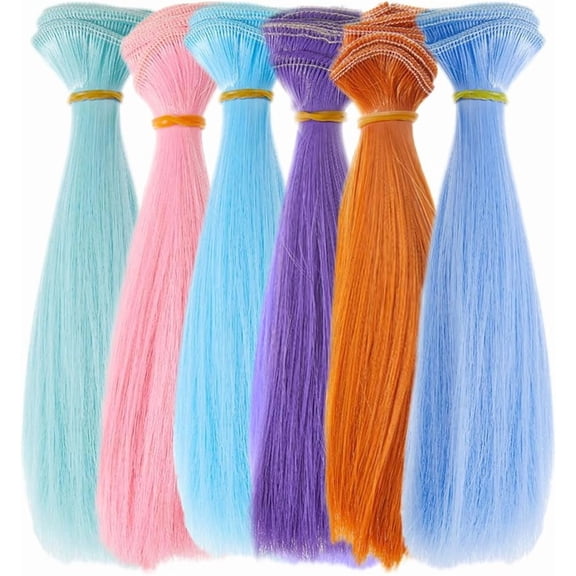 6Pcs 6 Colors Hair Wig 15cm Straight Short Hair Plastic Dolls Hairs Weft Extensions Light Color Hairs Replacement for Dolls Making Kits Arts Supplies Green