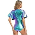 thumbnail image 5 of Womens Shiny Metallic Bodysuit For Pole Dancing Deep V Ruffle Sleeve Slim Fit Holographic Party Club Wear, 5 of 7