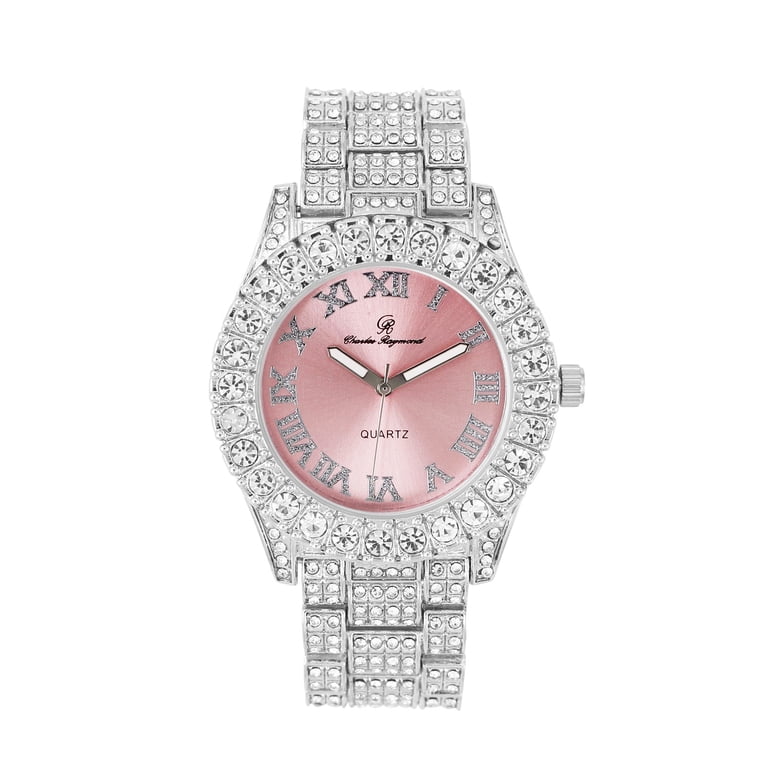 Women\'s Silver Hot Pink Big Rocks Bezel Colored Dial with Roman Numerals Watch Roma White Roman Numeral Dial Leather Watch for Women Golden  main image 2