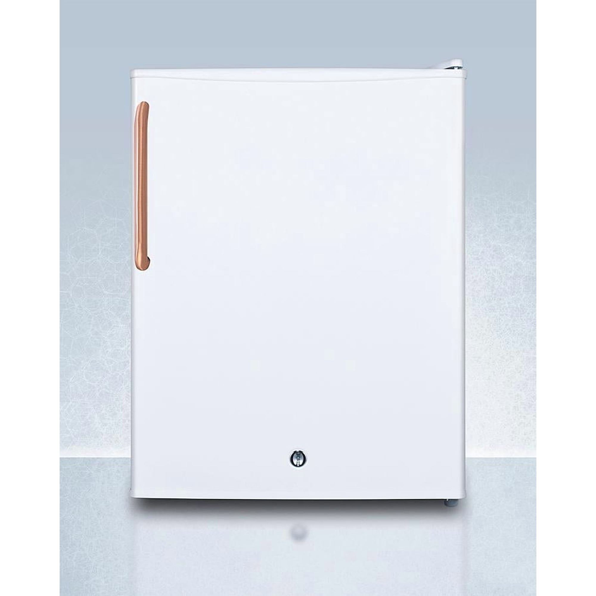 Compact all-refrigerator with automatic defrost, front-mounted lock, copper handle, and white finish