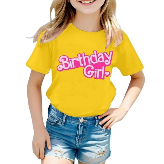 Chemises pour Fillettes, Motif de Lettres Décontracté, Multicolore, Col Rond, Manches Courtes, Hauts pour Filles, Jaune 12 Ans-13 Ans