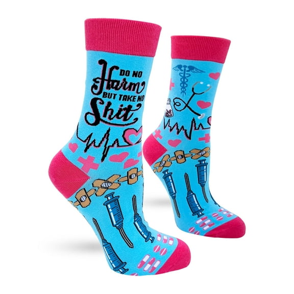Fabdaz Women's Crew Socks for Nurses with Sassy Funny Saying, Do No Harm But Take No Sh-t