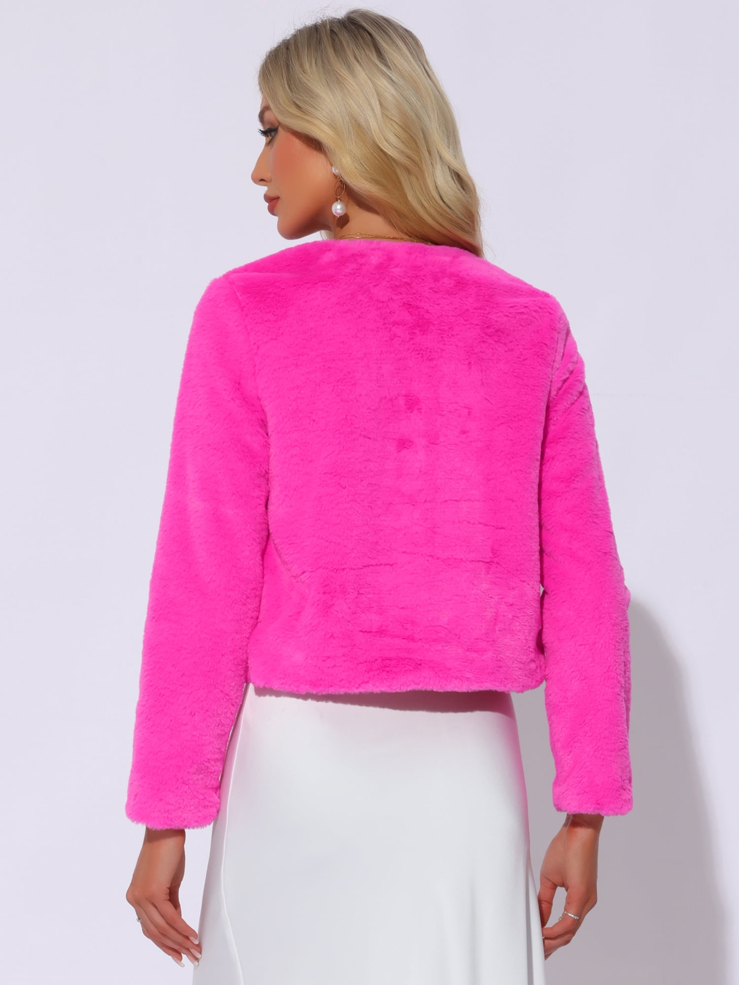 DARING DIVA Women's Faux Fur Cropped Open Front Jacket Bolero Coat M Hot Pink