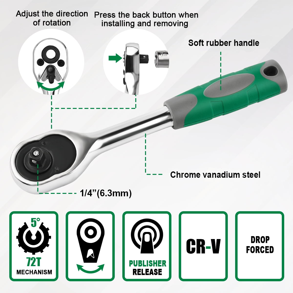 GOXAWEE 46 Pieces 1/4 inch Drive Socket Ratchet Wrench Set, with Bit Socket Set Metric and Extension Bar for Auto Repairing and Household, Green