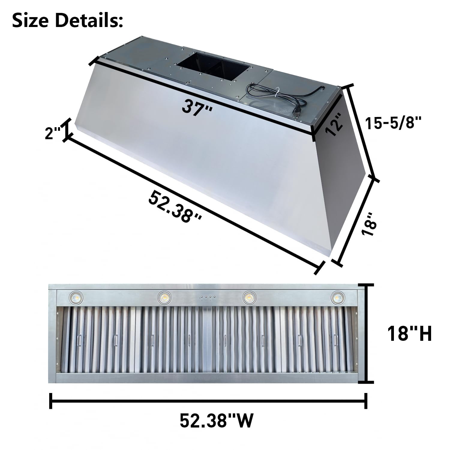 SINDA 54 Inch Built-in Range Hood Insert/Liner, 1260CFM in Stainless Steel