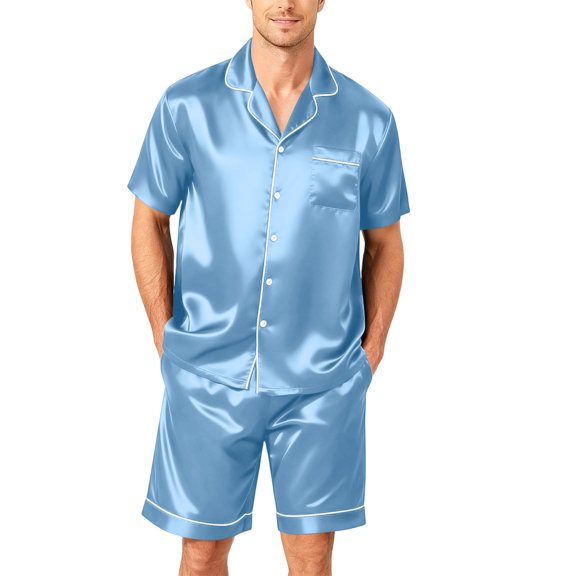 Resicozy Men Satin Silk Pajamas Sets Short Sleeve Sleepwear Button-Down PJs Sets 2 Pieces Loungewear with Pockets Light Blue M