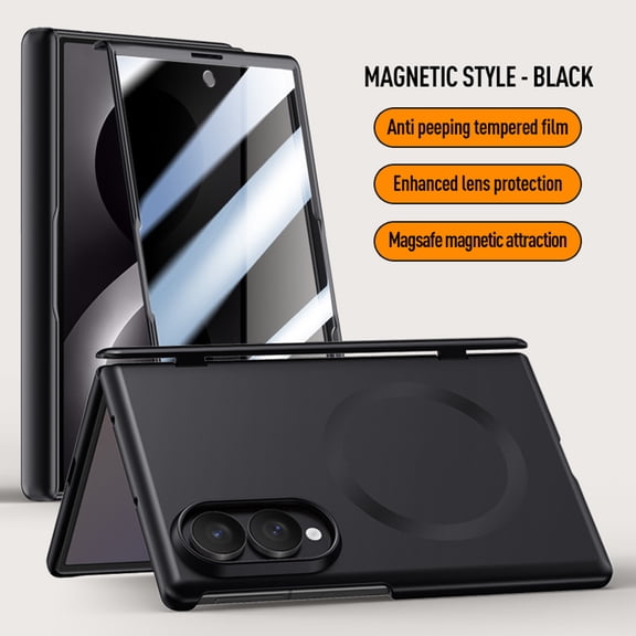 Slim Magnetic Hard PC Case for Samsung Galaxy Z Fold8, Tempered Glass Screen Protector Hinge Protection Camera Cover Stand Bracket Drop-Resistant Phone Cover, Privacy Black
