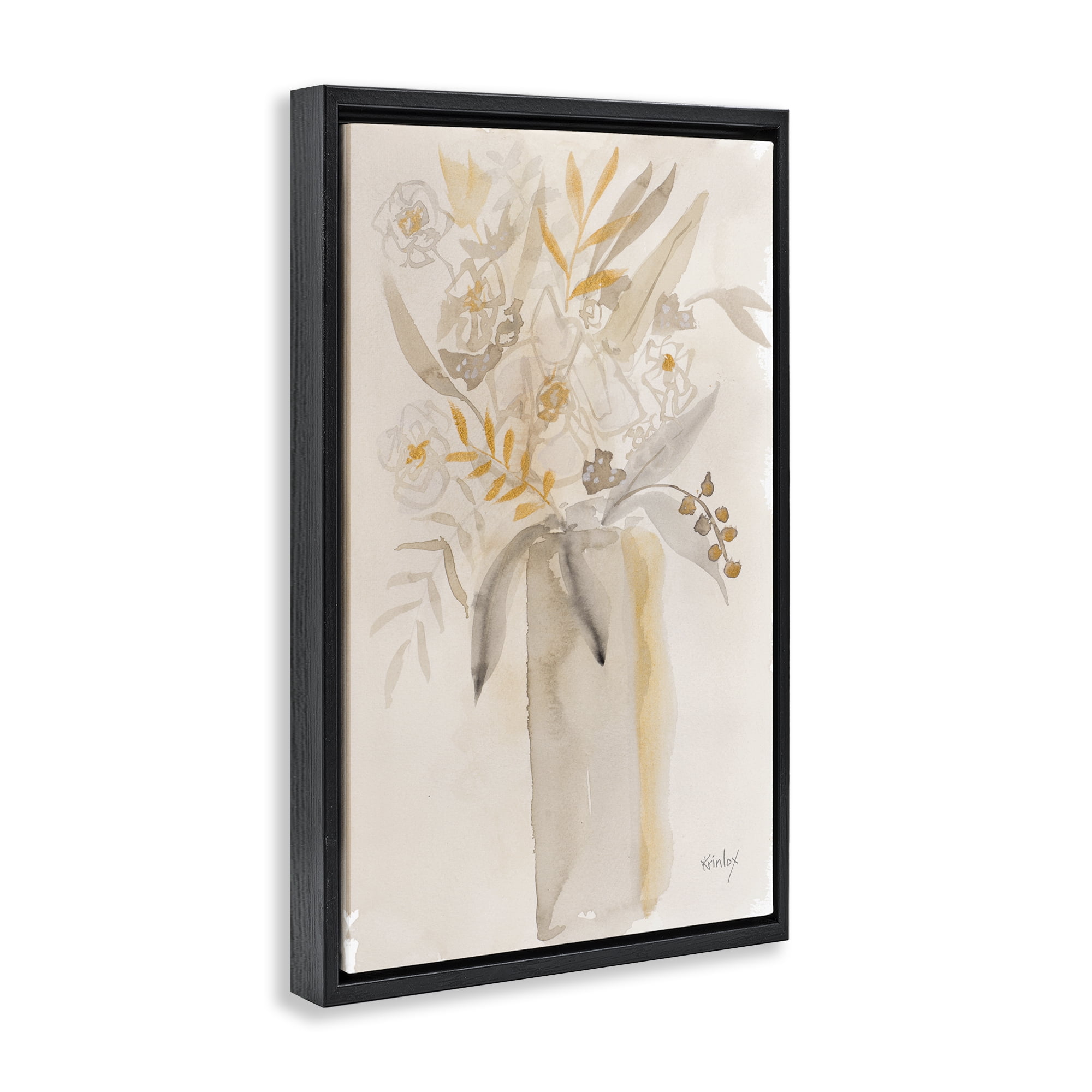 Stupell Industries Earthy Soft Flower Vase Black Framed Floater Canvas Wall Art, design by Krinlox