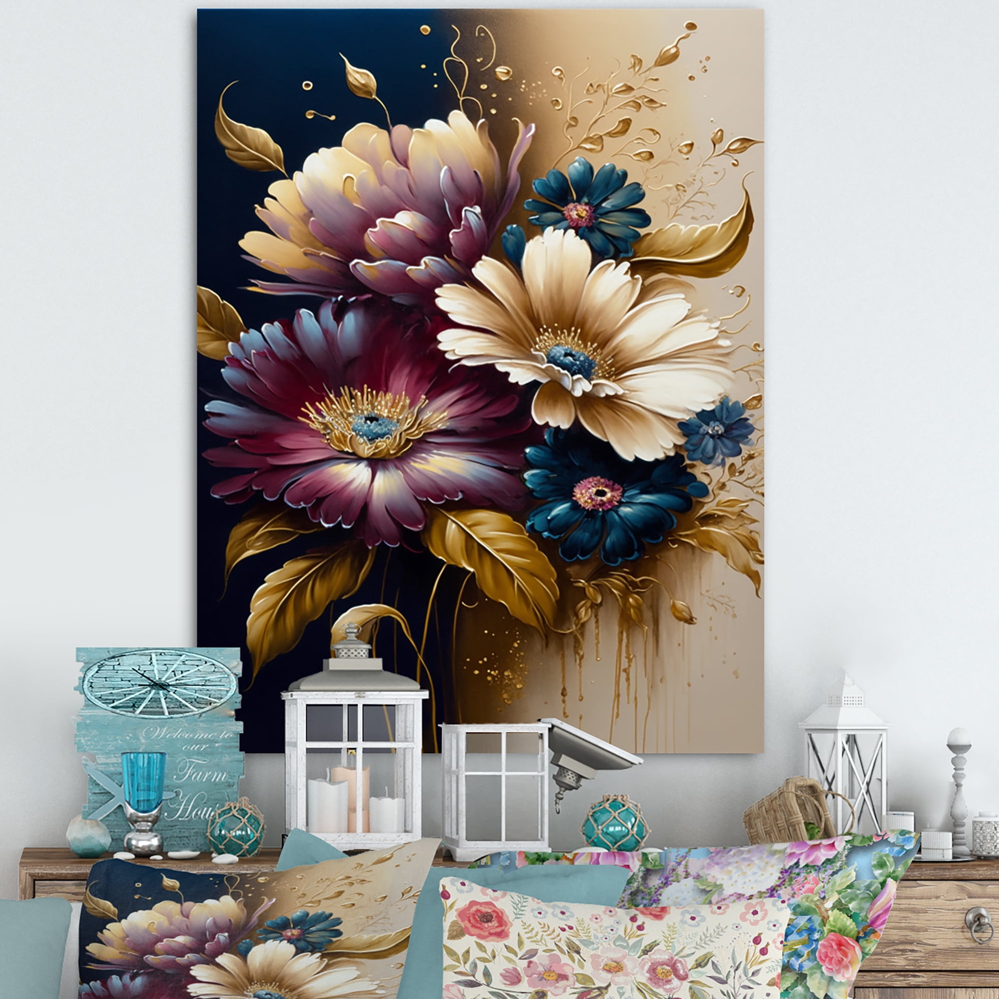 Designart Burgundy And Blue Daisy Bunch II Canvas Wall Art