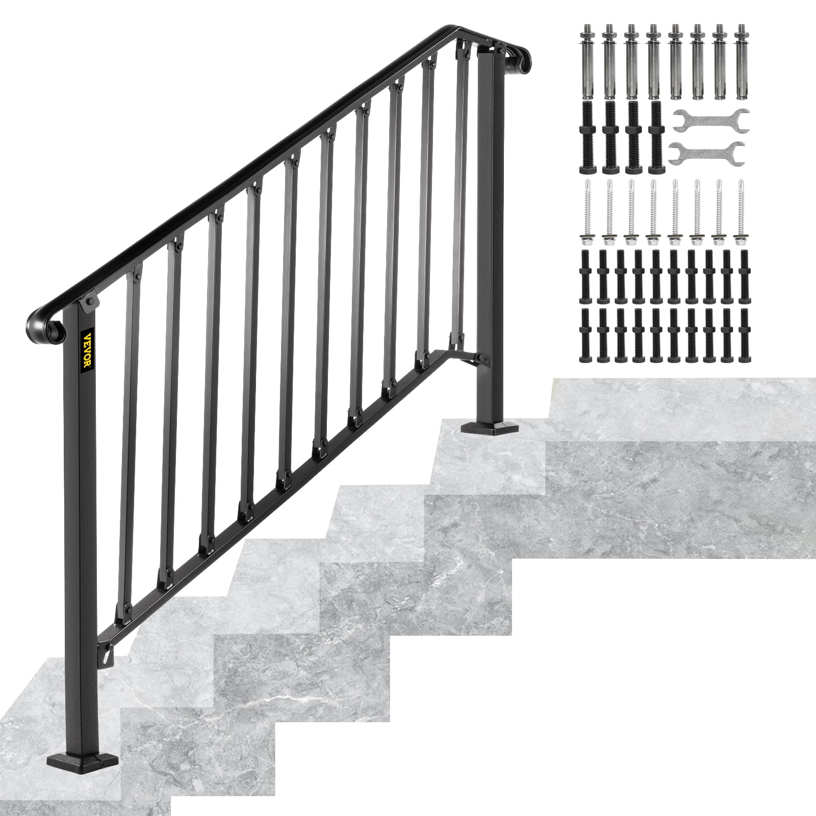 VEVOR Handrails for Outdoor Steps Black Transitional Hand railings for Concrete Steps or Wooden Stairs Adjustable Front Porch Hand Rail Wrought Iron Handrail Fit 1-3 Steps Outdoor Stair Railing