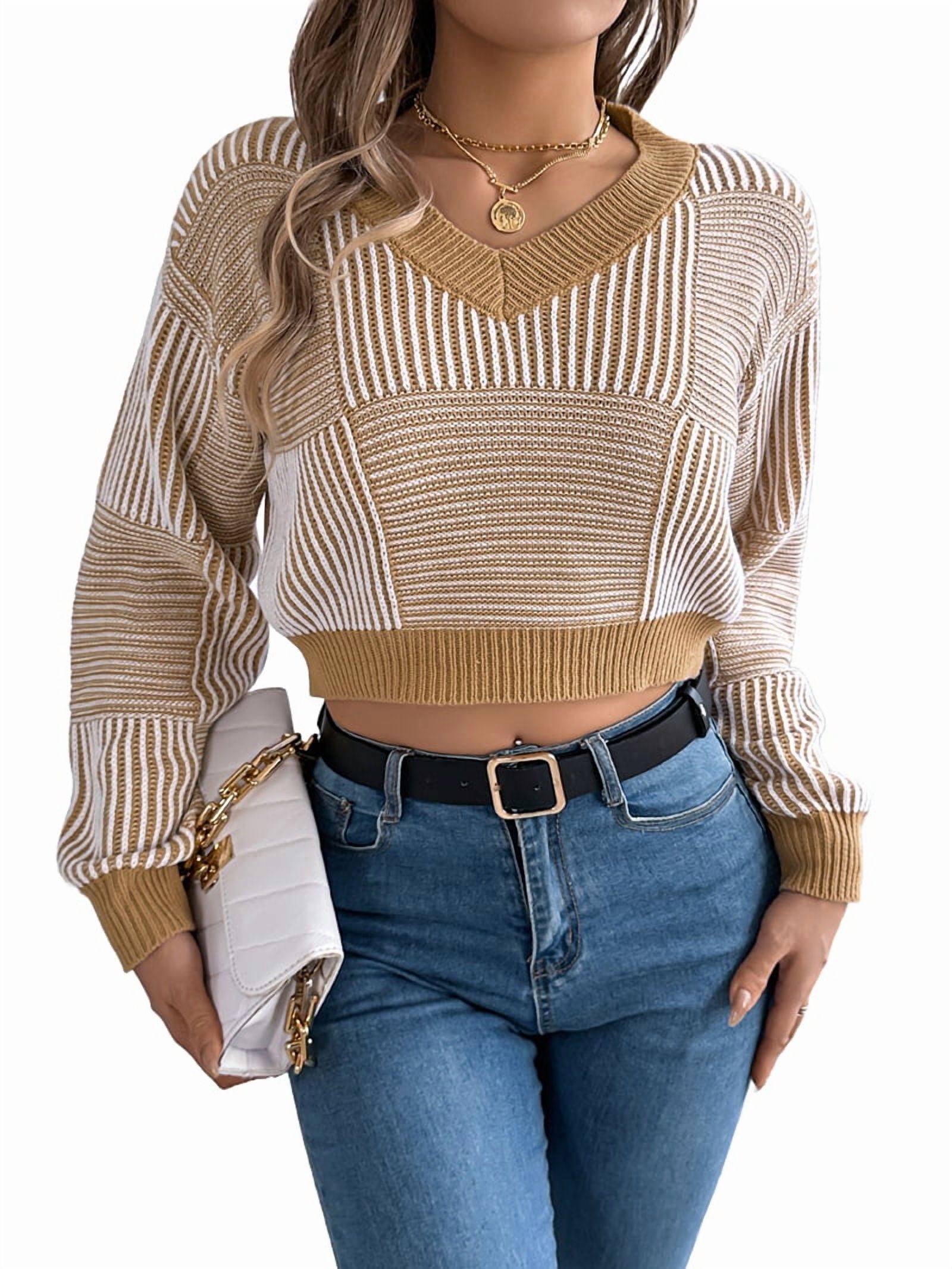 cllios Womens Cropped Sweaters Knit Long Sleeve Top Tight