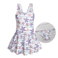 thumbnail image 6 of COEQINE Soft Stretchy Girls One Piece Swimsuit, Tank Neck Tankini Style with Full Coverage Skirt and Wide Straps, Beach Bathing Suit for Girls 12-13 Years, Purple Starfish Seashell Wave, 6 of 8