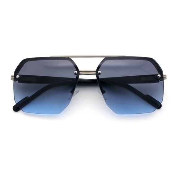 Luxury Mobster Rimless Half Rim Oversized Rectangle Metal Sunglasses Silver - Purple Blue