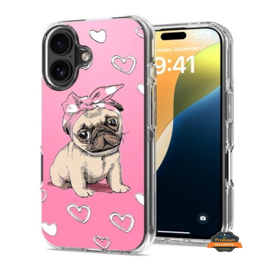 For Apple iPhone 16 Pro Max (6.9") Hybrid Trendy Image Patterns Design Transparent Hard Back Shockproof TPU Rubber Phone Case Cover by Xpression - Dog Pink Heart