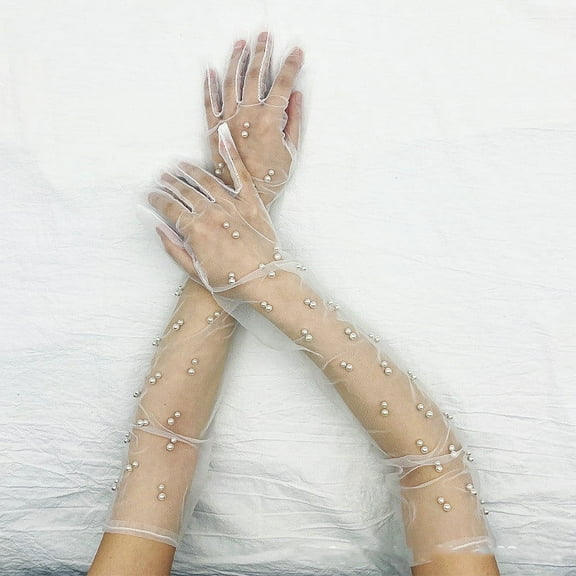 Wedding Extra Long Lace Pearl Chiffon Glove Tulle Summer Mesh Anti-uv Fingerless elegance Marriage Bride Party elbow Glove Women Wedding Pearl Tulle Weddin Gloves 21.7" Elbow Length Sheer Gloves