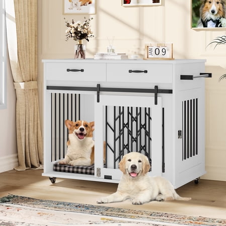 Dextrus Dog Crate Furniture, 39 inch large Wooden Indoor Dog Kennel with Divider Room and Drawers, Removable Tray End Table, Double Door Dog House for Indoor Use, White