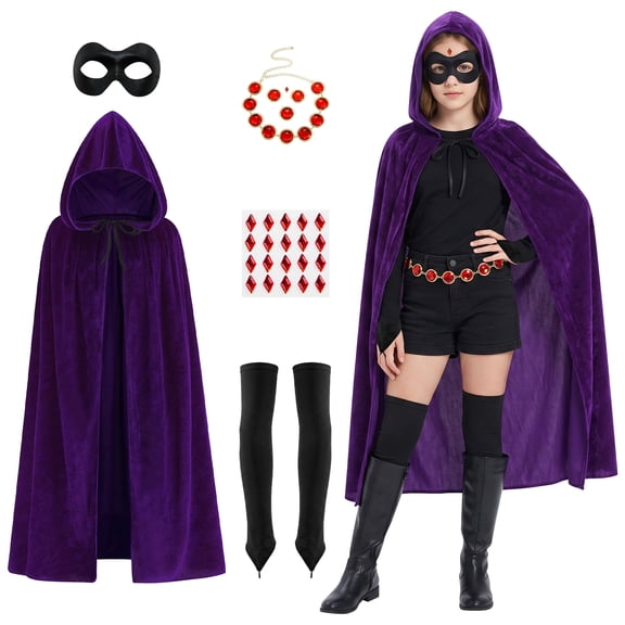 Alaiyaky Purple Cape Costume Women's Halloween Cosplay Costume Purple Cosplay with Adjustable Red Gem Waist Belt
