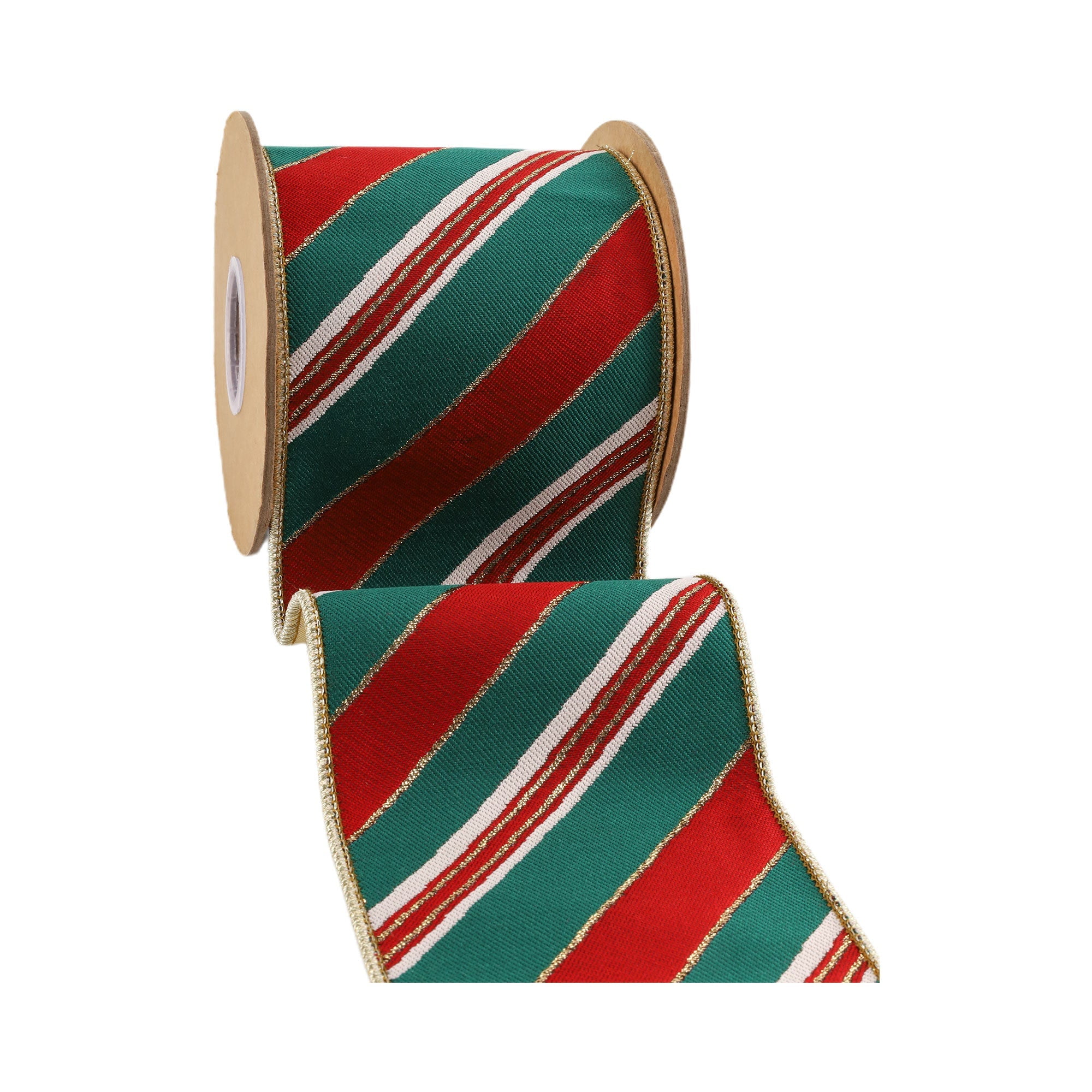 LaRibbons 4" Wired Jacquard Ribbon, Red/Green Christmas Stripes w/ Gold Backing, 5 Yard Roll