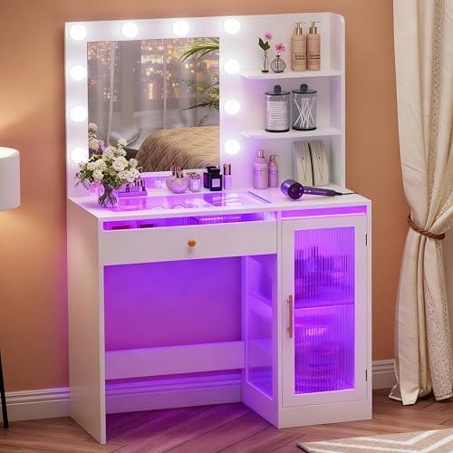 Makeup Vanity Desk with Mirror and Lights, White Vanity with Table Tempered Glass Top and RGB Drawer & Cabinet, Power Outlet, Wooden Bedroom Dressing Table for Women, Girls