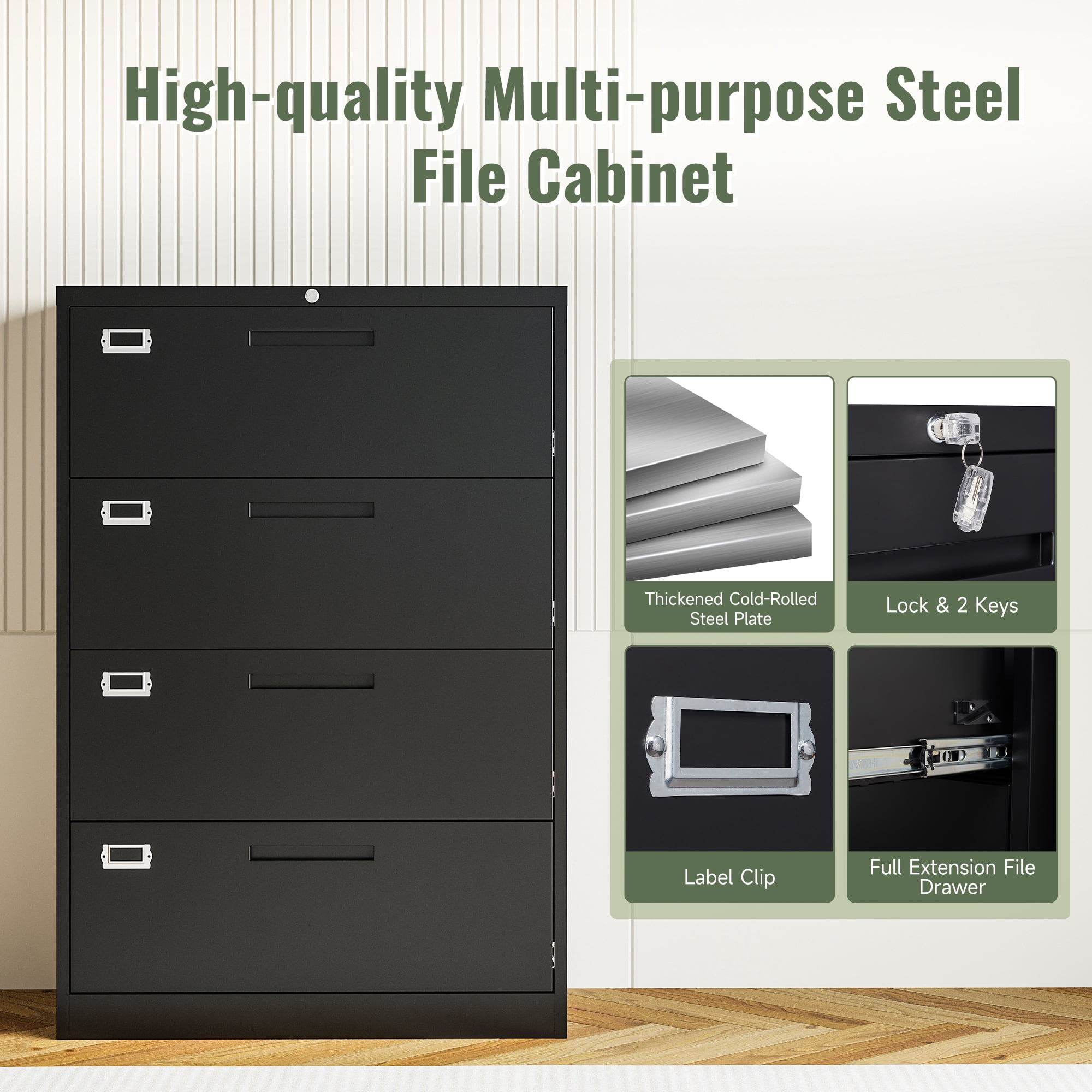 AUHUP 4 Drawer File Cabinet with Lock, Metal Lateral Filing Storage Cabinet Fits Letter/Legal/F4/A4 Size, File Cabinets for Home Office (Black-Assembly Required)