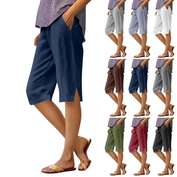 Trendy Side Split Capri Pants for Women Cotton Linen Side Pocket Comfortable Soft Casual Summer Culottes Navy M