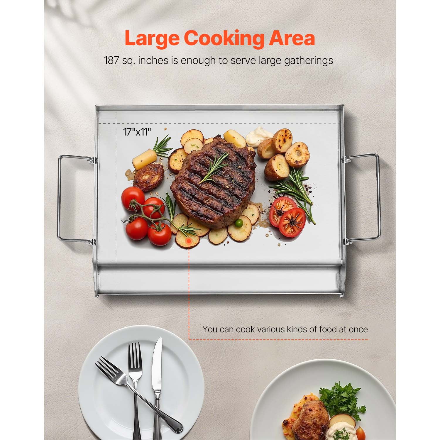 KFFKFF Griddle in Stainless Steel, Dimensions 17x13 inches, Flat Rectangular Universal Plate, Suitable for BBQ Grill, Teppanyaki, Compact Cookware with Handle, Ideal for Outdoor Activities