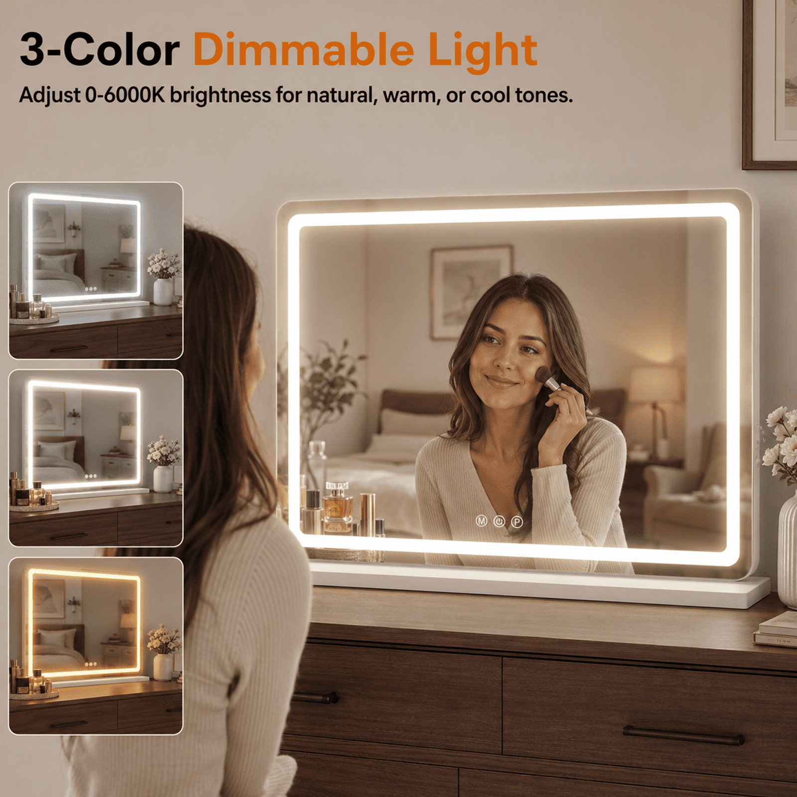 Alvantor Vanity Mirror with Lights, LED Makeup Mirror, Lighted Makeup Mirror with Dimmable 3 Modes, Touch Screen Control, USB Charging Port, Tabletop, 13"x17"/19"x22"/22"x32"