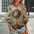 thumbnail image 3 of Floral Pattern Tapestry Women's V-Neck Blouse With 3/4 Ruffled Bell Sleeves Casual Top Ladies Blouses, 3 of 7