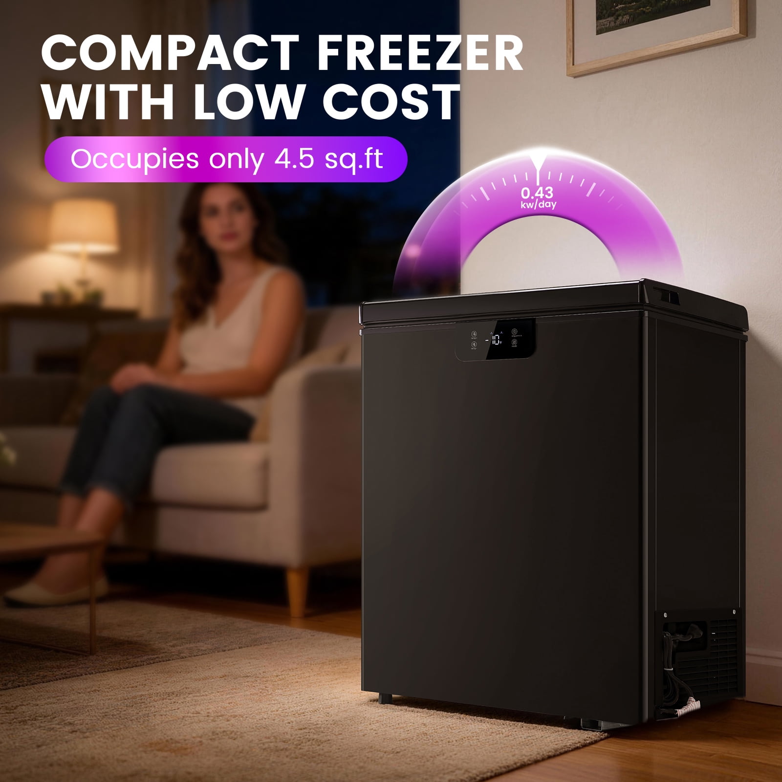 JIEJIA 4.5 Cu.ft Chest Freezer Large Capacity Compact Mini Deep Freezer with Electronic Temperature Control and 2 Removable Baskets Top Open Door Energy Saving, Black