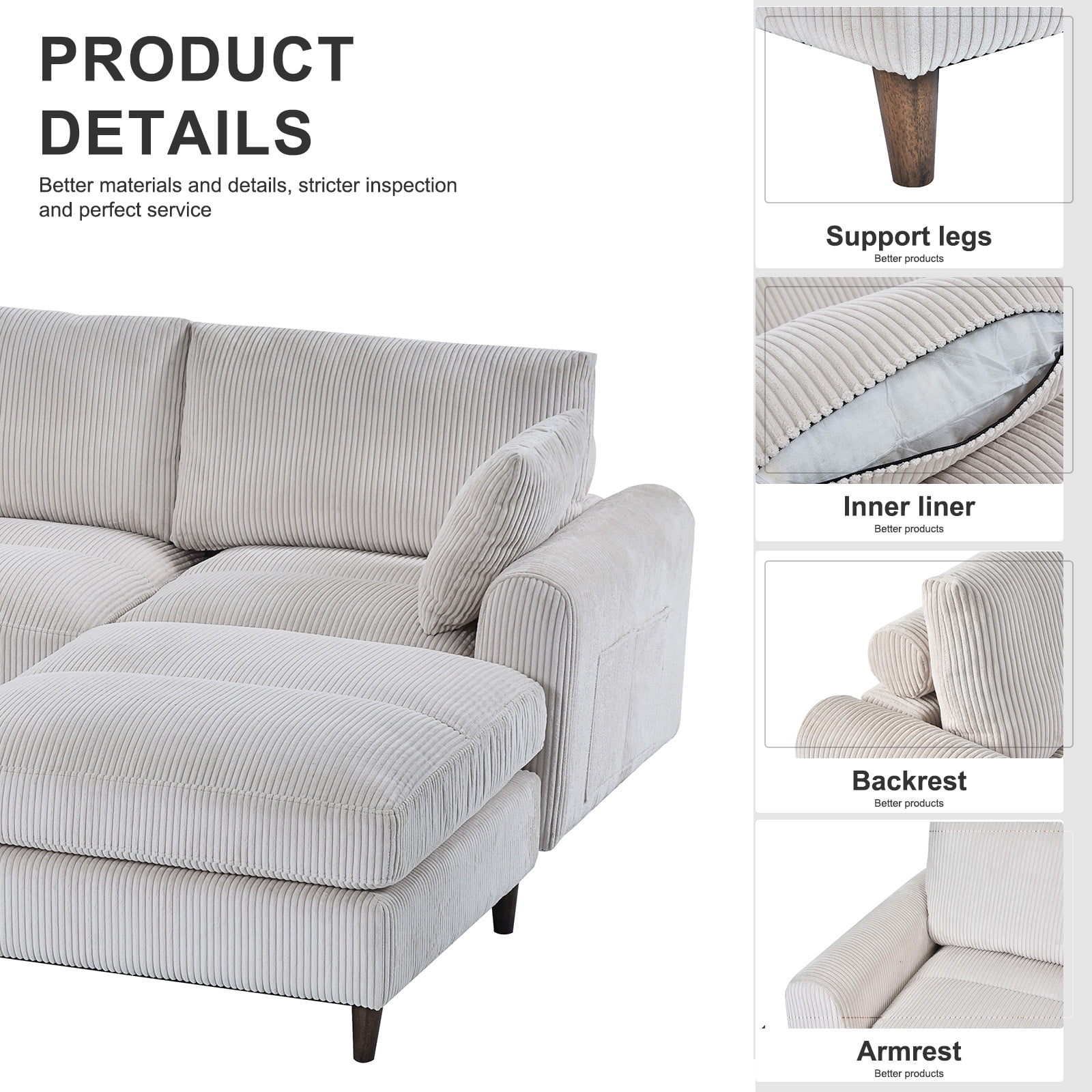 Gewnee Corduroy Modular Combination 6 Seat Sofa,U-shaped Foldable L-shaped Sofa Set with Ottomans,Adjustable Headrest,Side Storage Bag,Suitable for Living Room,Apartment,Office.Beige