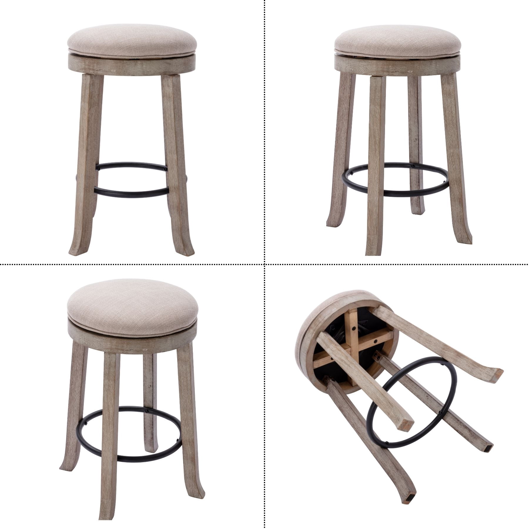 Dayalane Farmhouse 360° Swivel Bar Stools Set of 4, 25.6" Counter Height Round Linen Barstools with Wood Legs and Footrest, Backless Kitchen Island Chairs for Dining Room, Pub, Coffee Bar,Beige