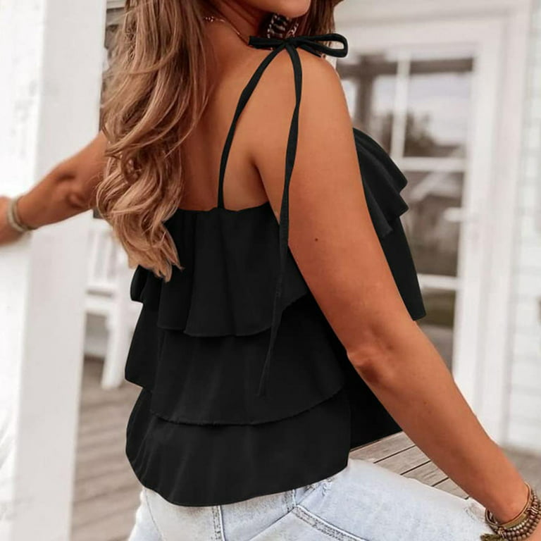 RQYYD Clearance 2023 Women's Summer Spaghetti Strap Cami Tank Tops Layered  Ruffle Tie Shoulder Flowy Camisole Casual Sleeveless Shirts(Black,S)