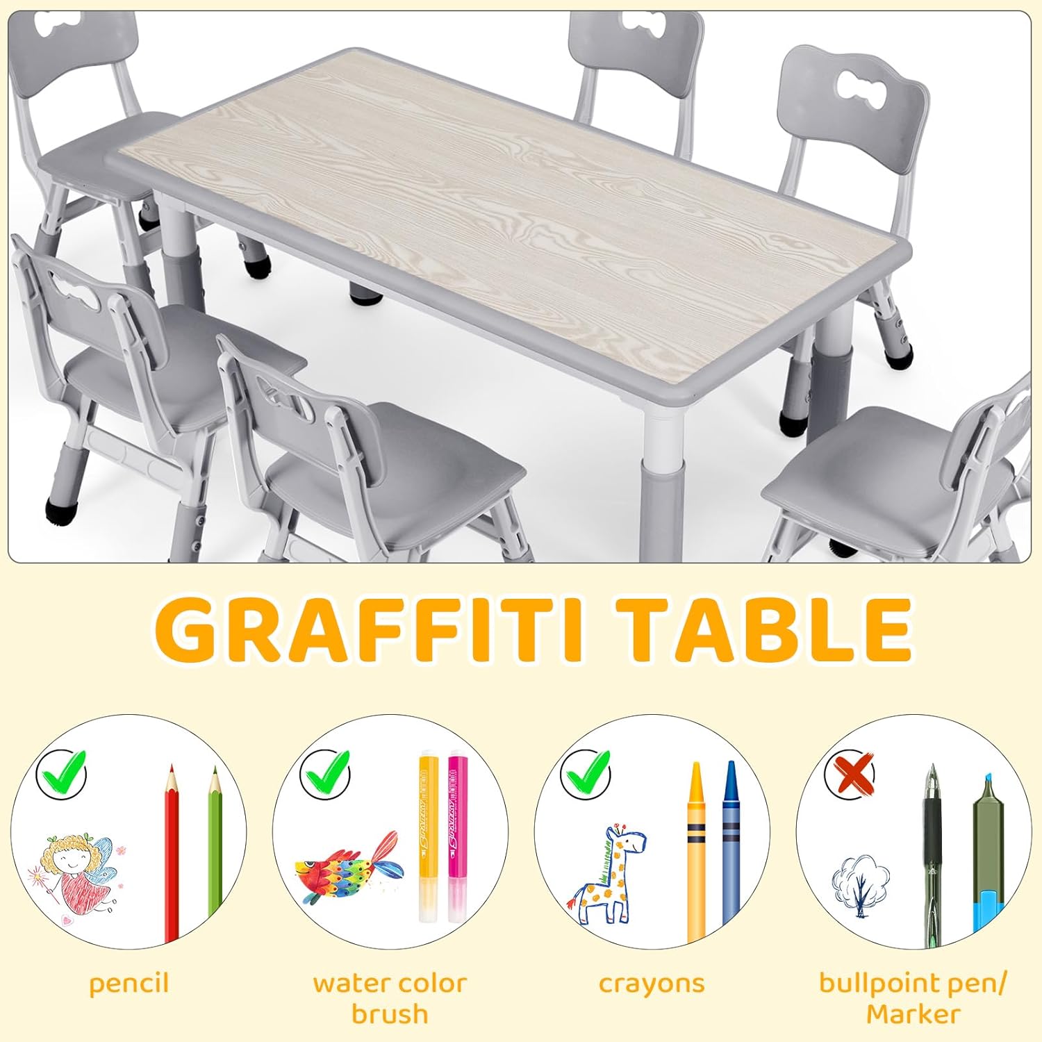 Pirecart Kids Table and 6 Chairs Set Height Adjustable Kids Craft and Play Table for Ages 2-10, Gray