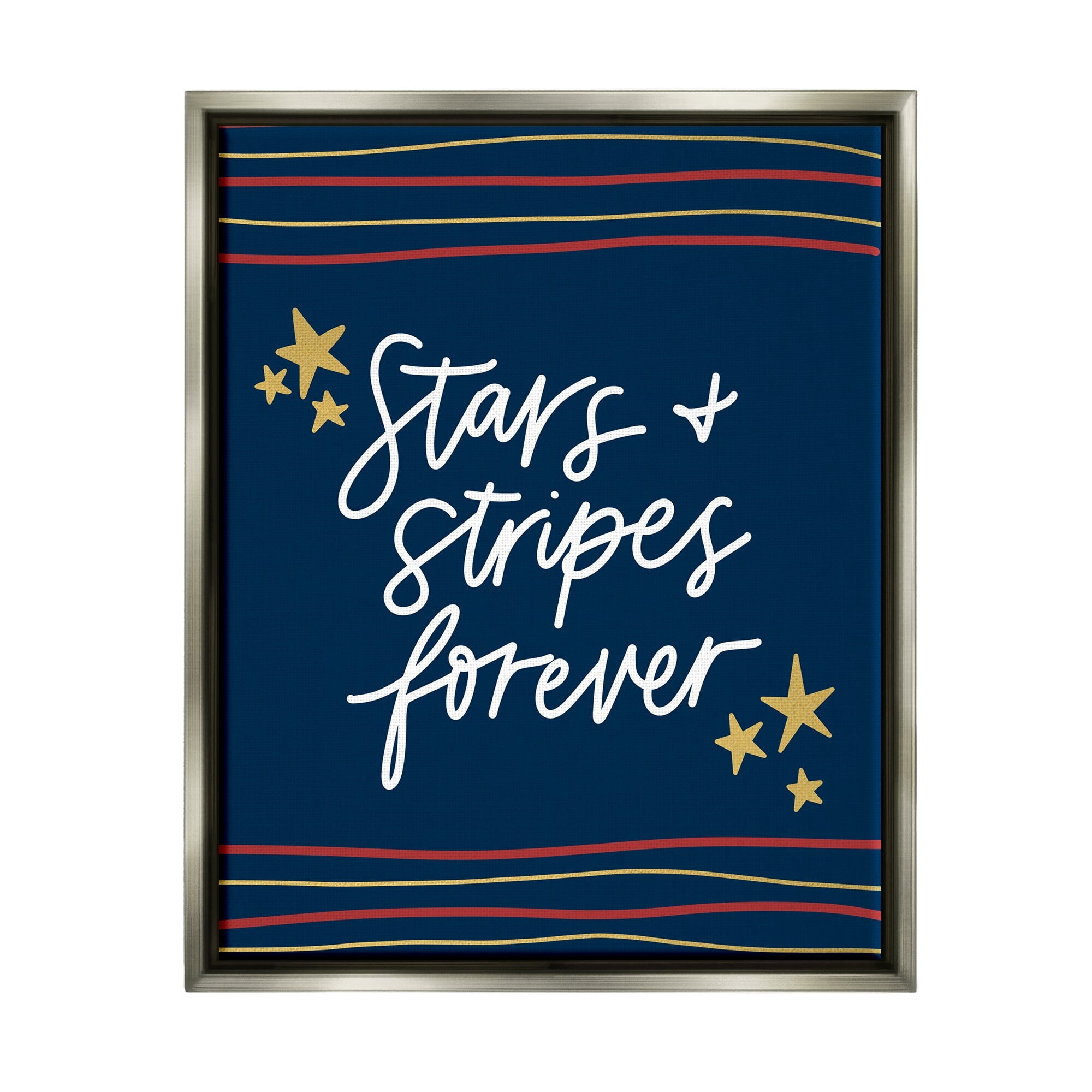 Stupell Industries Stars Stripes Forever Americana Independence Day Graphic Art Luster Gray Floating Framed Canvas Print Wall Art, Design by Amanda Houston