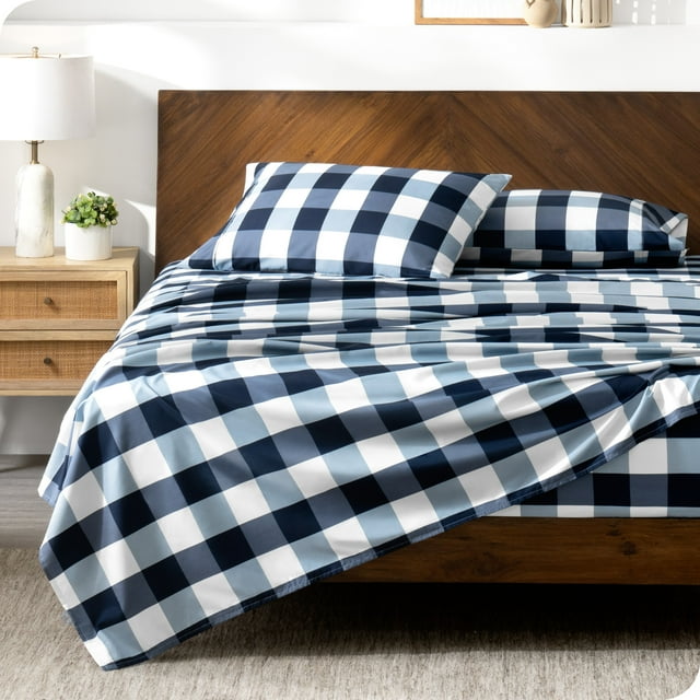 Bare Home Ultra-Soft Sheet Set - Premium 1800 Collection - Deep Pockets - 4-Pieces - King, Gingham Blue