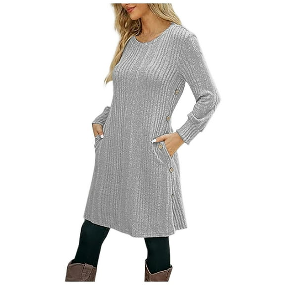 felwors Women's Knit Dress Long Sleeve Casual Crew Neck Tunic Dresses with Pockets Button Side Fall Winter Trendy Outfits Grey, S
