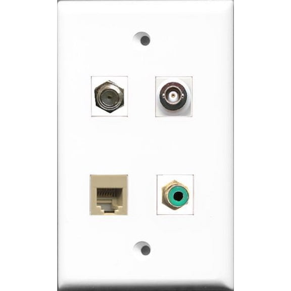 RiteAV 1 Port RCA Green and 1 Port Coax Cable TV- F-Type and 1 Port Phone RJ11 RJ12 Beige and 1 Port BNC Wall Plate