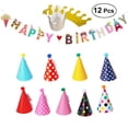 thumbnail image 1 of Lindos Gorros de Cumpleaños en Varios Colores y Diseños: Rayas, Lunares, Cuadros, etc., 8 Gorros de Cumpleaños y 2 Coronas de Cumpleaños de Papel, 1 of 4