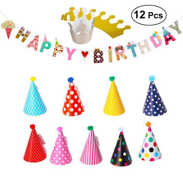 Lindos Gorros de Cumpleaños en Varios Colores y Diseños: Rayas, Lunares, Cuadros, etc., 8 Gorros de Cumpleaños y 2 Coronas de Cumpleaños de Papel