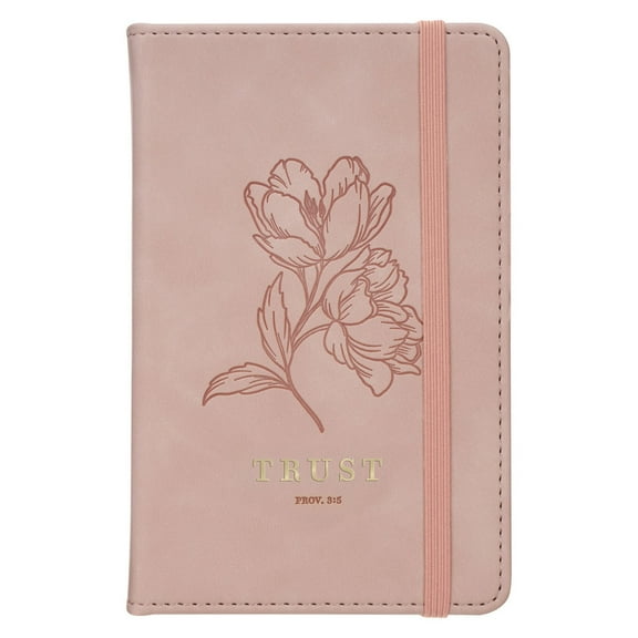 Small Scripture Notebook with Elastic Closure, Trust - Prov. 3:5, Floral Dusty Pink Vegan Leather, Ribbon Bookmark, 192 Lined Pages, Acid Free Paper, approx size: 4" x 6"