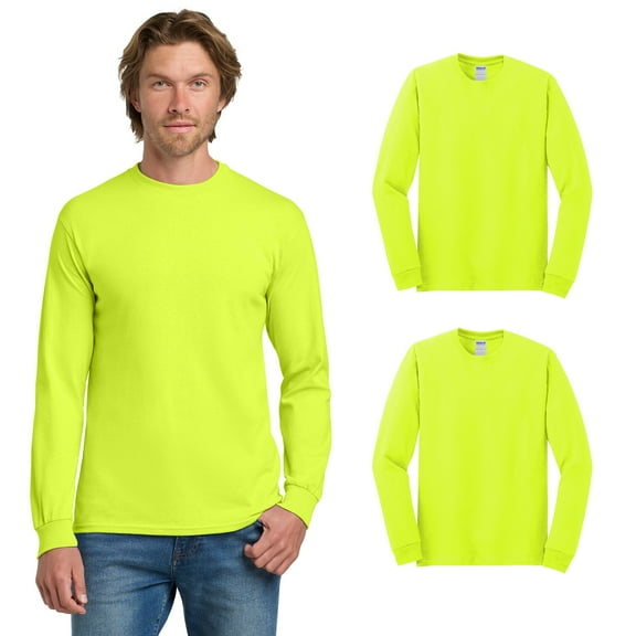 Gildan Safety Long Sleeve T-Shirt for Men, Hi Visibility Work Shirt, Safety Green, Pack 2, S