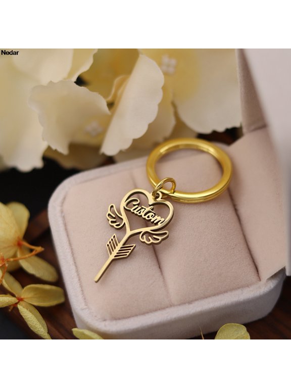 Custom Name Heart Wings Valentine's Day Gift Stainless Steel Key Shaped Keyring Personalized Customized Nameplate Keychain