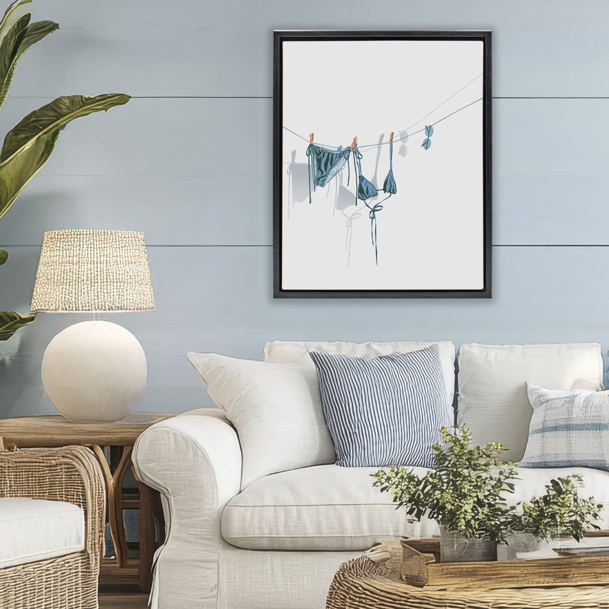 Stupell Industries Teal Bikini on Clothesline Black Framed Floater Canvas Wall Art, design by Ziwei Li
