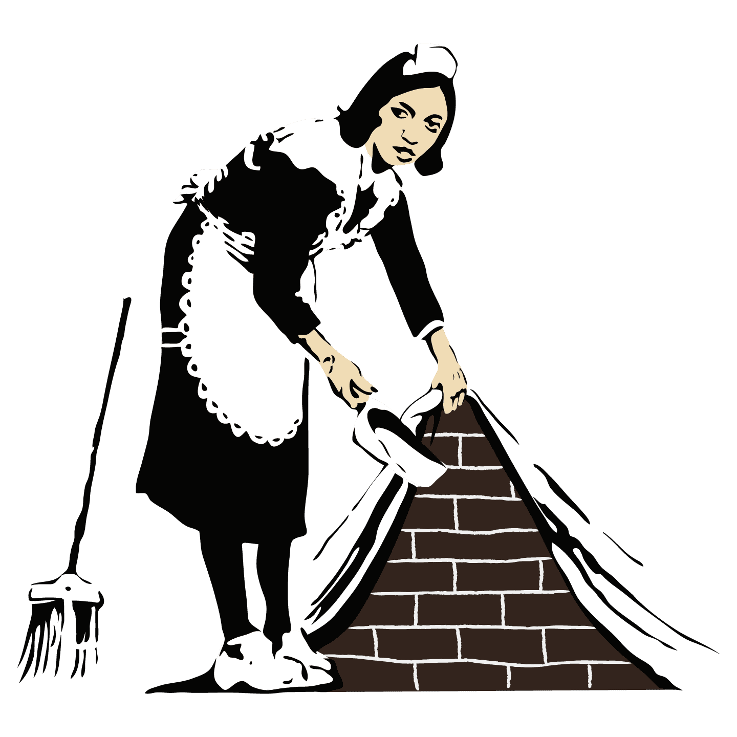 Maid Cleaning with Bricks Inside a Wall Abstract and Creative Art Design Vinyl Wall Decal and Decoration 28" x 28"